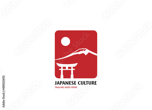 Simple Square with Sun Torii Gate and Fujiyama Mount for Travel Tourism Logo Design Vector