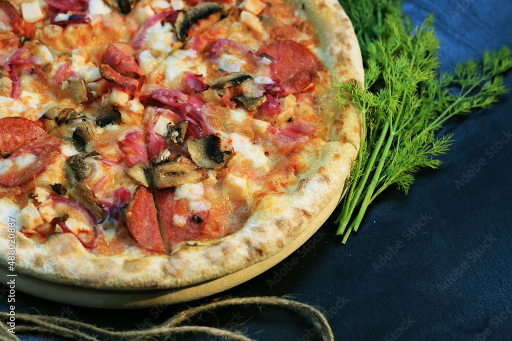 Delicious pizza with salami and mushrooms