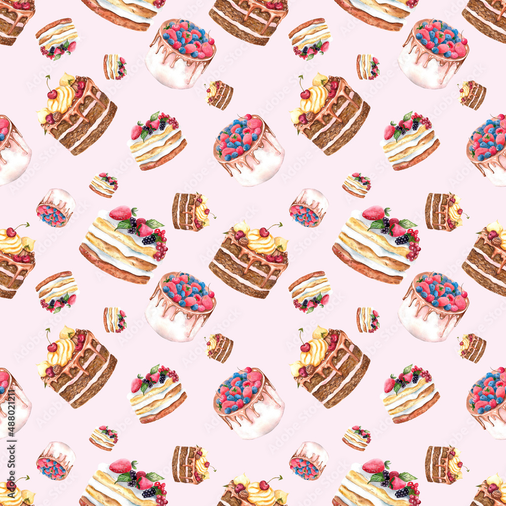 Watercolor seamless pattern. Seamless design with sweet desserts. Watercolor cakes in pattern design on pink background.