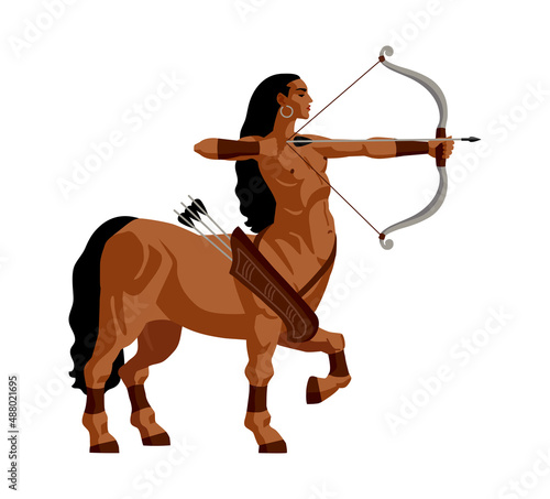 Cute centaur girl with a bow and arrow. Sagittarius woman. A mythological creature. Color vector illustration isolated on a white background in cartoon and flat design.