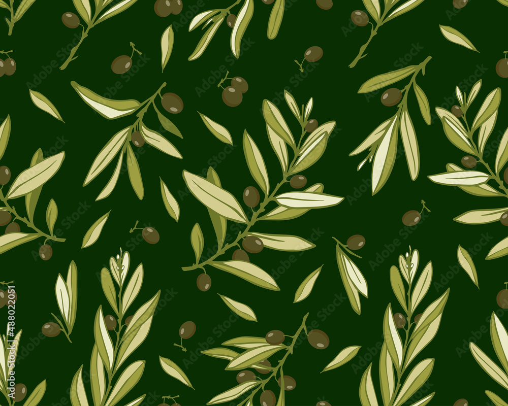 Seamless pattern with olive tree branches and fruits.Vector graphics. Seamless pattern with olive tree branches and fruits.Vector graphics.