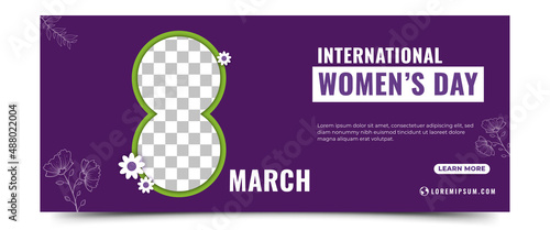 International women's day horizontal banner design template. Editable modern banner with place for the photo.