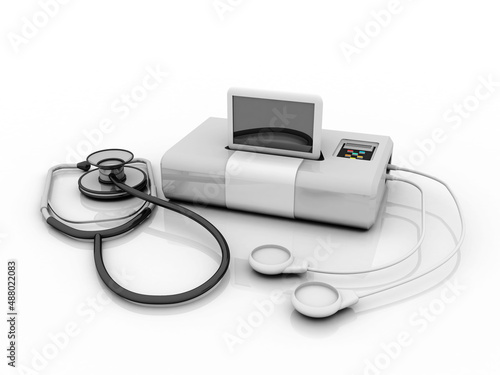 3d illustration Electronic Cardiotocography Machine Monitoring Fetal Heart Contractions Of Uterus with stethoscope
 photo