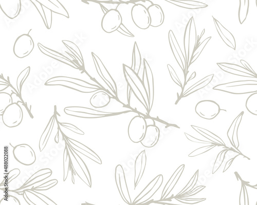 Seamless pattern with olive tree branches and fruits.Vector graphics.