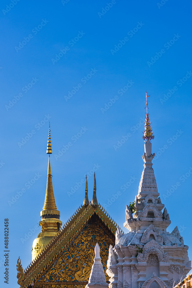  Landscape view of buddhist temple with blue sky background