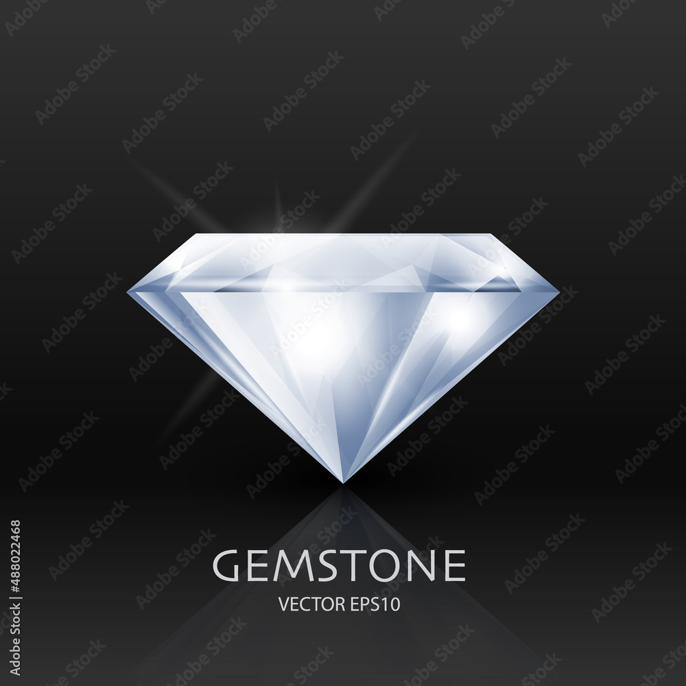 Vector Banner with 3d Realistic White Transparent Gemstone, Diamond, Crystal, Rhinestones Closeup on Black. Jewerly Concept. Design Template, Clipart. Side View Vector Banner with 3d Realistic White Transparent Gemstone, Diamond, Crystal, Rhinestones Closeup on Black. Jewerly Concept. Design Template, Clipart. Side View