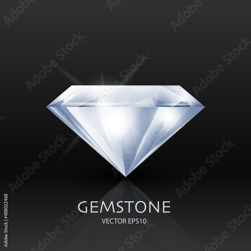 Vector Banner with 3d Realistic White Transparent Gemstone, Diamond, Crystal, Rhinestones Closeup on Black. Jewerly Concept. Design Template, Clipart. Side View