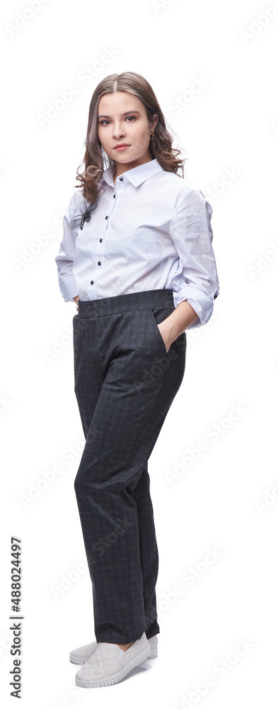 office worker young lady in full-length trousers and white blouse, isolate office worker young lady in full-length trousers and white blouse, isolate