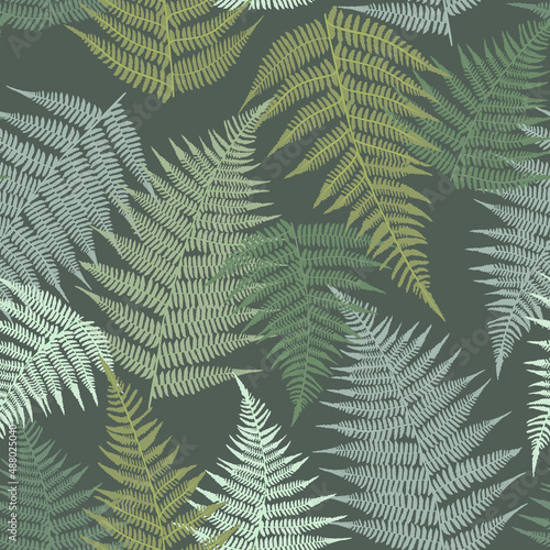 Seamless pattern with fern leaves. Classical grassy organic ornament. Different leaves on a dark background. Vector print for design.