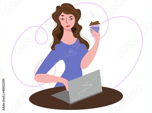A young woman drinks a hot drink from a plastic cup while working. The girl pauses, recuperates during the break. Work, study, rest. Freelance. Vector isolated in flat style. Trendy color 22 years old