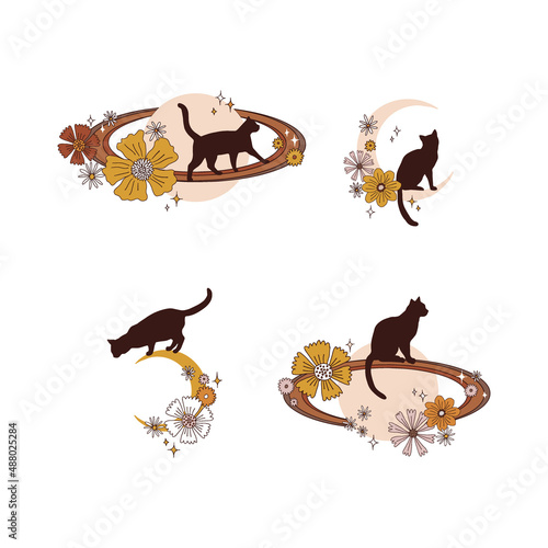 Moony black cat on Saturn floral planet and crescent moon vector illustration set isolated on white. Magical celestial pussycat print collection for Halloween and tee shirt design.
