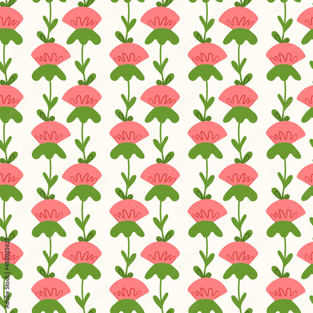 Seamless floral pattern based on traditional folk art ornaments. Colorful flowers on light background. Scandinavian style. Sweden nordic style. Vector illustration. Simple minimalistic pattern Seamless floral pattern based on traditional folk art ornaments. Colorful flowers on light background. Scandinavian style. Sweden nordic style. Vector illustration. Simple minimalistic pattern