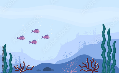 Ocean landscape concept. Ocean floor with fish, coral, and seaweed. Colorful blue ocean background. Cute vector illustration.