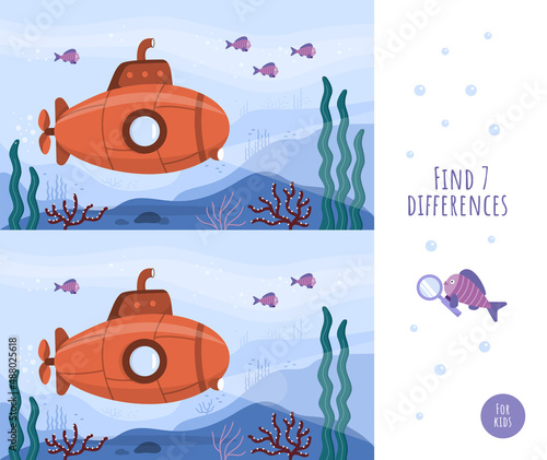 Childrens game. Find the differences. Educational game for kids. A bright submarine with a periscope underwater. The seabed with fish, corals, seaweed. Blue ocean landscape. Cute vector illustration.
