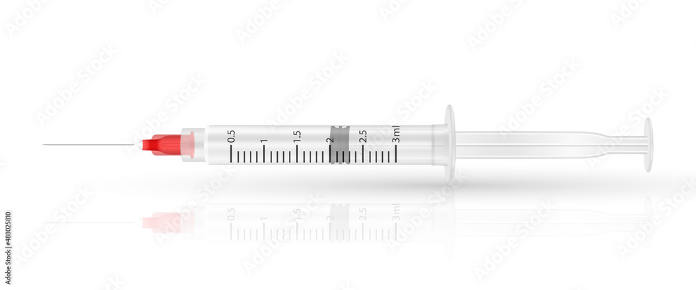 Vector 3d Realistic Syringe. Coronavirus Vaccine, Botox, Fillers, Injections, Hyaluronic Acid Closeup Isolated. Drug Ampoule Design Template, Mockup. Vaccination, Medical Concept - obrazy, fototapety, plakaty 