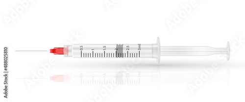 Vector 3d Realistic Syringe. Coronavirus Vaccine, Botox, Fillers, Injections, Hyaluronic Acid Closeup Isolated. Drug Ampoule Design Template, Mockup. Vaccination, Medical Concept