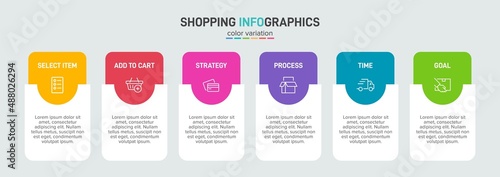 Concept of shopping process with 6 successive steps. Six colorful graphic elements. Timeline design for brochure, presentation, web site. Infographic design layout.