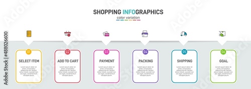 Concept of shopping process with 6 successive steps. Six colorful graphic elements. Timeline design for brochure, presentation, web site. Infographic design layout.