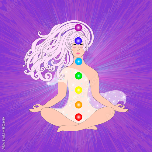 The woman meditates and leaves. Conceptual illustration for yoga  meditation  relaxation  healthy lifestyle. the chakra system