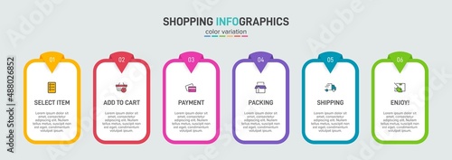 Concept of shopping process with 6 successive steps. Six colorful graphic elements. Timeline design for brochure, presentation, web site. Infographic design layout.