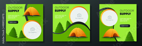 Outdoors supply store social media post, banner set, camping tent offer advertisement concept, travel hiking marketing square ad, abstract print, isolated on background