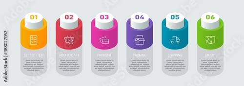 Concept of shopping process with 6 successive steps. Six colorful graphic elements. Timeline design for brochure, presentation, web site. Infographic design layout.