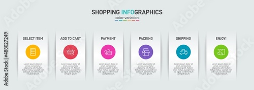 Concept of shopping process with 6 successive steps. Six colorful graphic elements. Timeline design for brochure, presentation, web site. Infographic design layout.