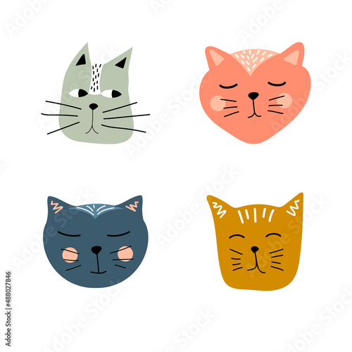 Cats, set of cute doodle. Hand drawn cat faces set. Cute doodle vector animal  illustrations, vector icons.