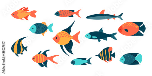  Fish set. Fish icons. Underwater life. Sea world. Flat vector icons. Isolated on white background. 