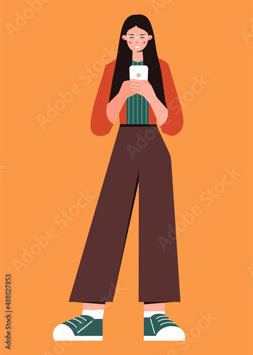   Woman uses a smartphone. Human with smartphone. The girl is holding a gadget. Pastime in social networks. Internet addiction. Work online. Vector illustration in flat style