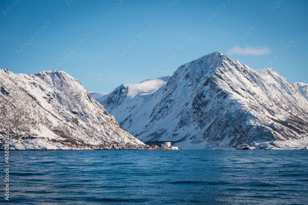 winter landscape over ocean in Norway
