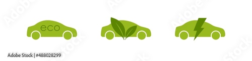 Eco Car set green icon. Hybrid electric car with leaf. Vector flat isolated simbol