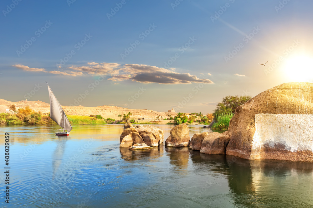 Nile scenery and a sailboat, Aswan, Egypt