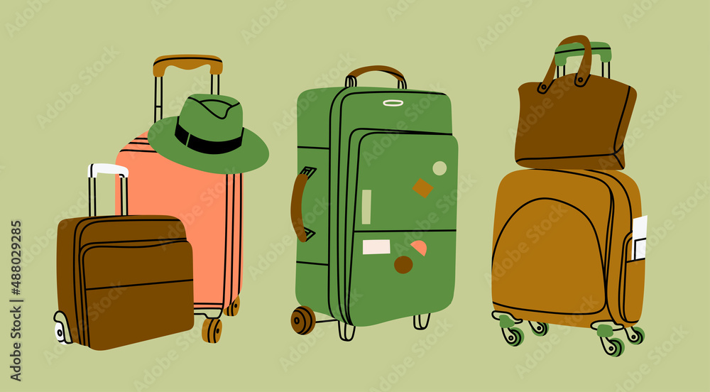 Vecteur Stock Various luggage bags, suitcases, baggage, travel bags.  Vacation, travel, holiday concept. Hand drawn Vector set. Colorful trendy  illustration. Cartoon style. Flat design. All elements are isolated | Adobe  Stock