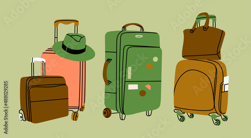 Various luggage bags, suitcases, baggage, travel bags. Vacation, travel, holiday concept. Hand drawn Vector set. Colorful trendy illustration. Cartoon style. Flat design. All elements are isolated