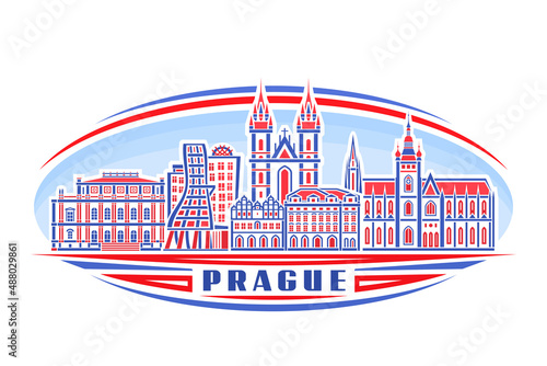 Vector illustration of Prague, red horizontal badge with linear design famous prague city scape on day sky background, european urban line art concept with decorative lettering for blue word prague