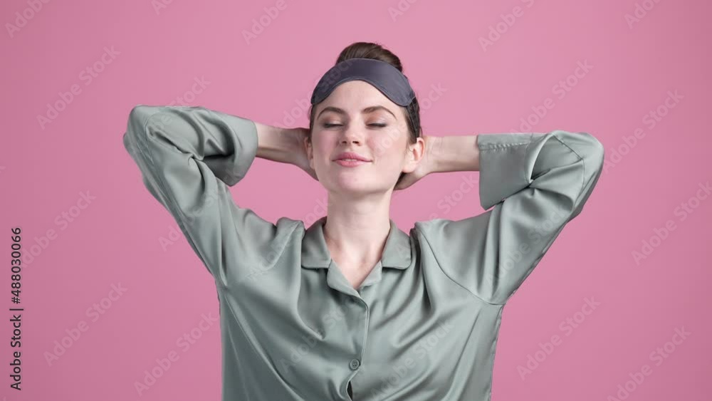 Lady hands head enjoy comfy relaxation isolated pastel color background Lady hands head enjoy comfy relaxation isolated pastel color background