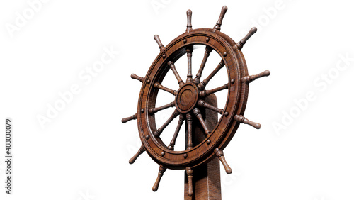 The boat steering wheel is surrounded by Pirate ship, card chest, cannon and compass on the beach.-3d rendering. photo