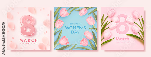 Set of women's day banner. 8 march holiday background with realistic petals and flowers. Vector illustration for poster, greeting cards, booklets, promotional materials, website