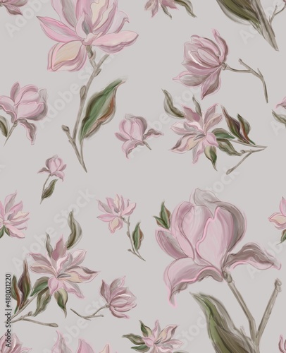Seamless floral pattern. Hand drawing magnolia on a gray background. Print for textiles  wallpaper  clothes  postcards  invitations.