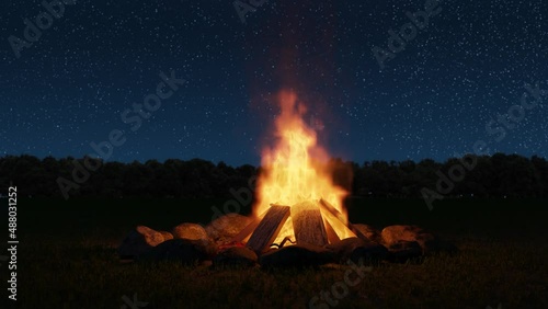 big bonfire in front of tree line and starry sky photo