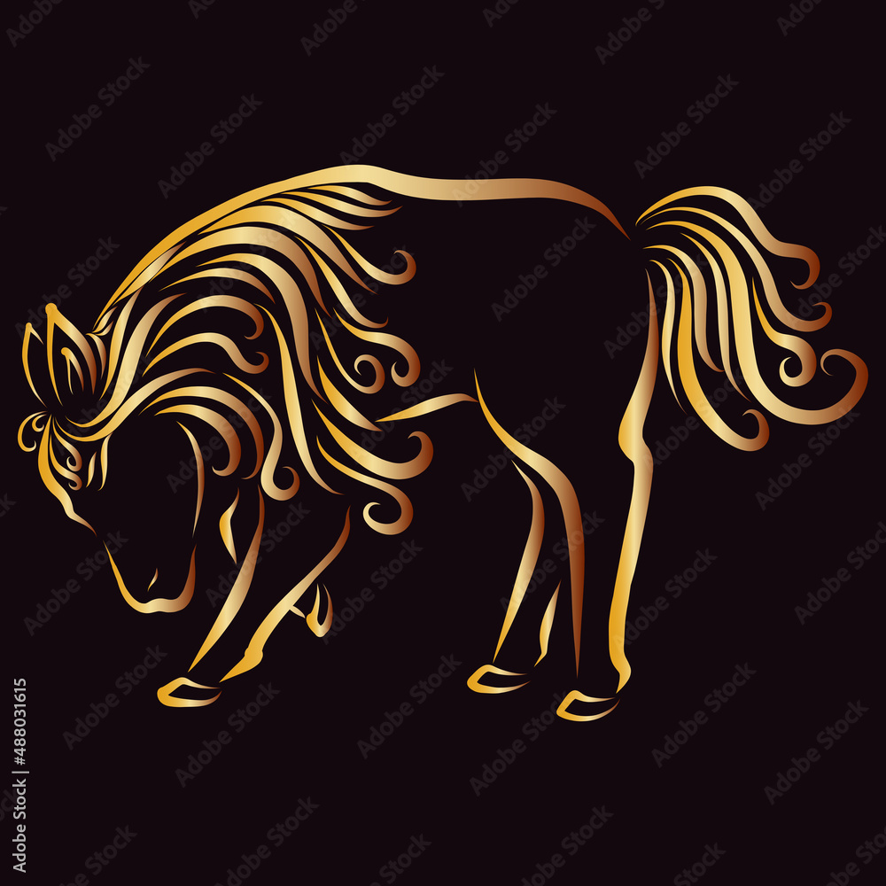 Fototapeta premium Beautiful donkey pony horse with long creative and graceful and elegant curly mane and fluffy tail in bright yellow and orange and gold color