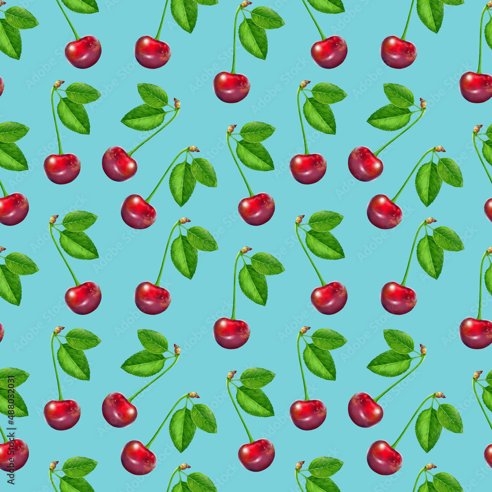 Illustration realism seamless pattern berry vinous cherry with green leaf on a light blue background. High quality illustration Illustration realism seamless pattern berry vinous cherry with green leaf on a light blue background. High quality illustration