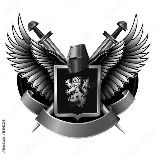 coat of arms with helmet, shield with lion, wings, two swords and ribbon