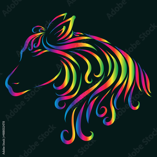 Fototapeta Naklejka Na Ścianę i Meble -  Beautiful head donkey pony horse with long creative and graceful and elegant curly mane multicolored