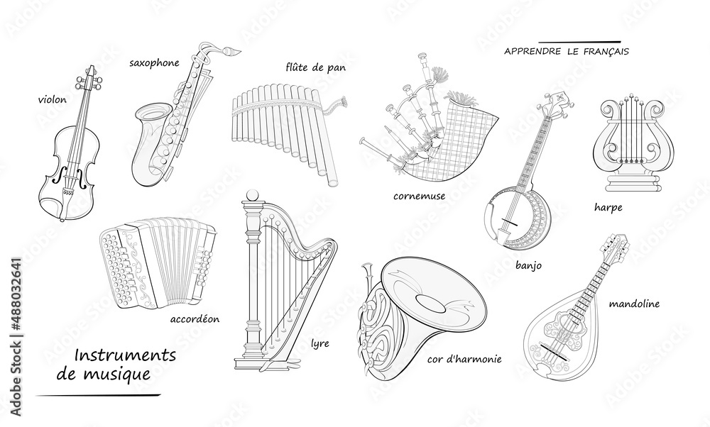 LEARN FRENCH. Coloring book. Names of MUSICAL INSTRUMENTS in French. Set of black and white