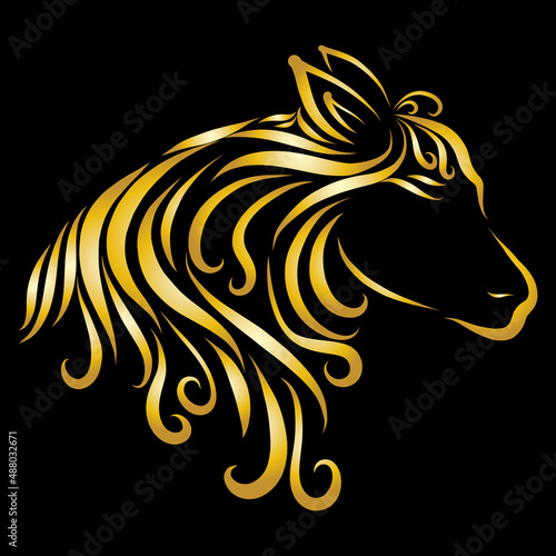 Fototapeta Naklejka Na Ścianę i Meble -  Beautiful head donkey pony horse with long creative and graceful and elegant curly mane smooth lines of golden color