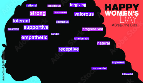 An abstract vector illustration of a woman for Break the Bias theme for International Women’s Day on eighth of March 2022
