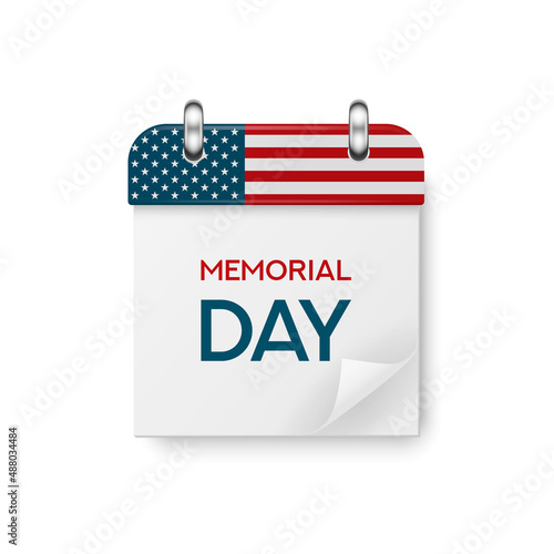 Vector 3d Realistic Memorial Day Paper Classic Simple Minimalistic Calendar with US Fflag Colors, Folded Paper Corner. Design Template for Memorial Day Card, Banner, Wall Calendar, Background photo