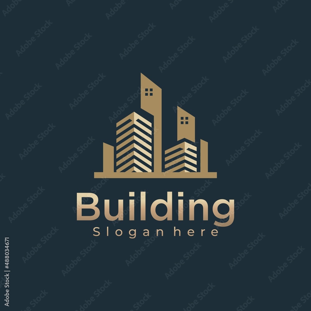 Creative building logo gold gradient color, modern building logo design vector
